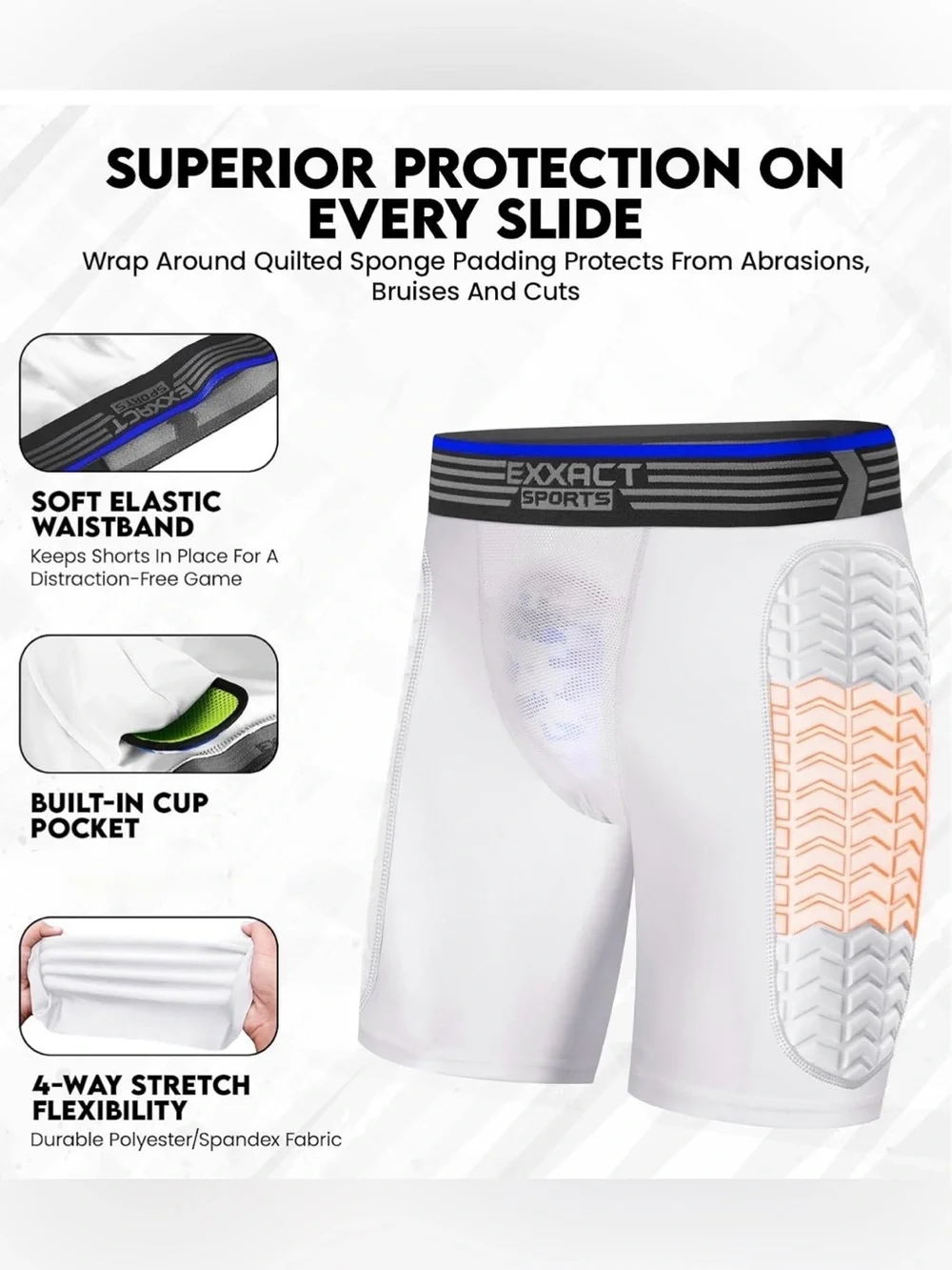 Exxact Sports Baseball Sliding Padded Compression Shorts – White – Youth XL